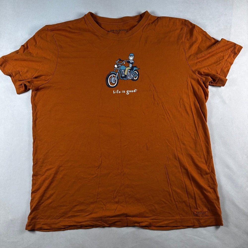 Life is Good T-Shirt Mens Large Crusher Motorbike Graphic Burnt Orange Biker